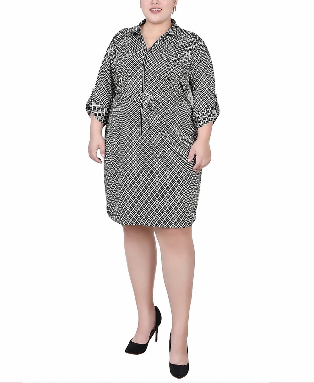 NY Collection Plus Size Belted Roll Tab Zip Front Shirtdress Multi Size 1X 4110
